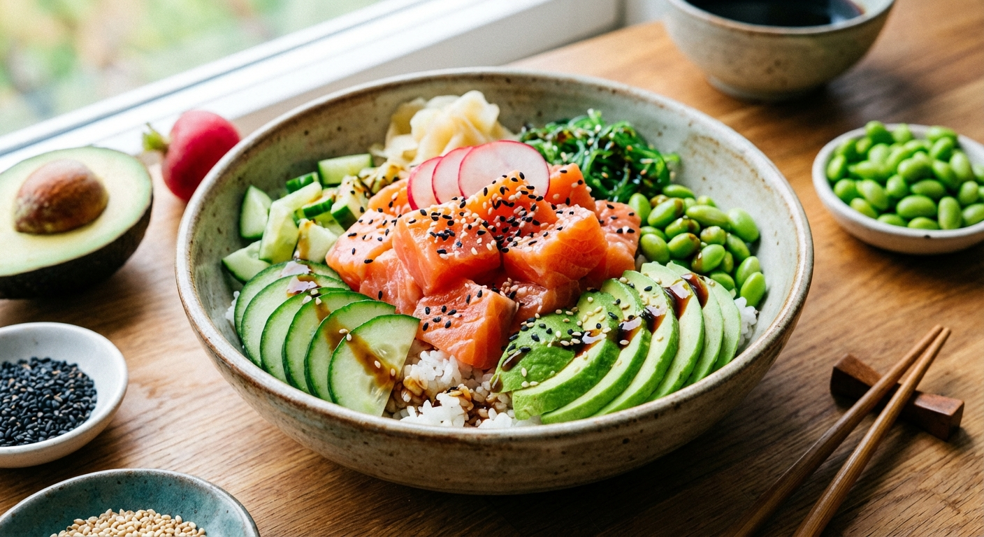 Salmon poke bowl with bright pink cubed salmon over white rice, avocado, cucumber, edamame, and sesame seeds