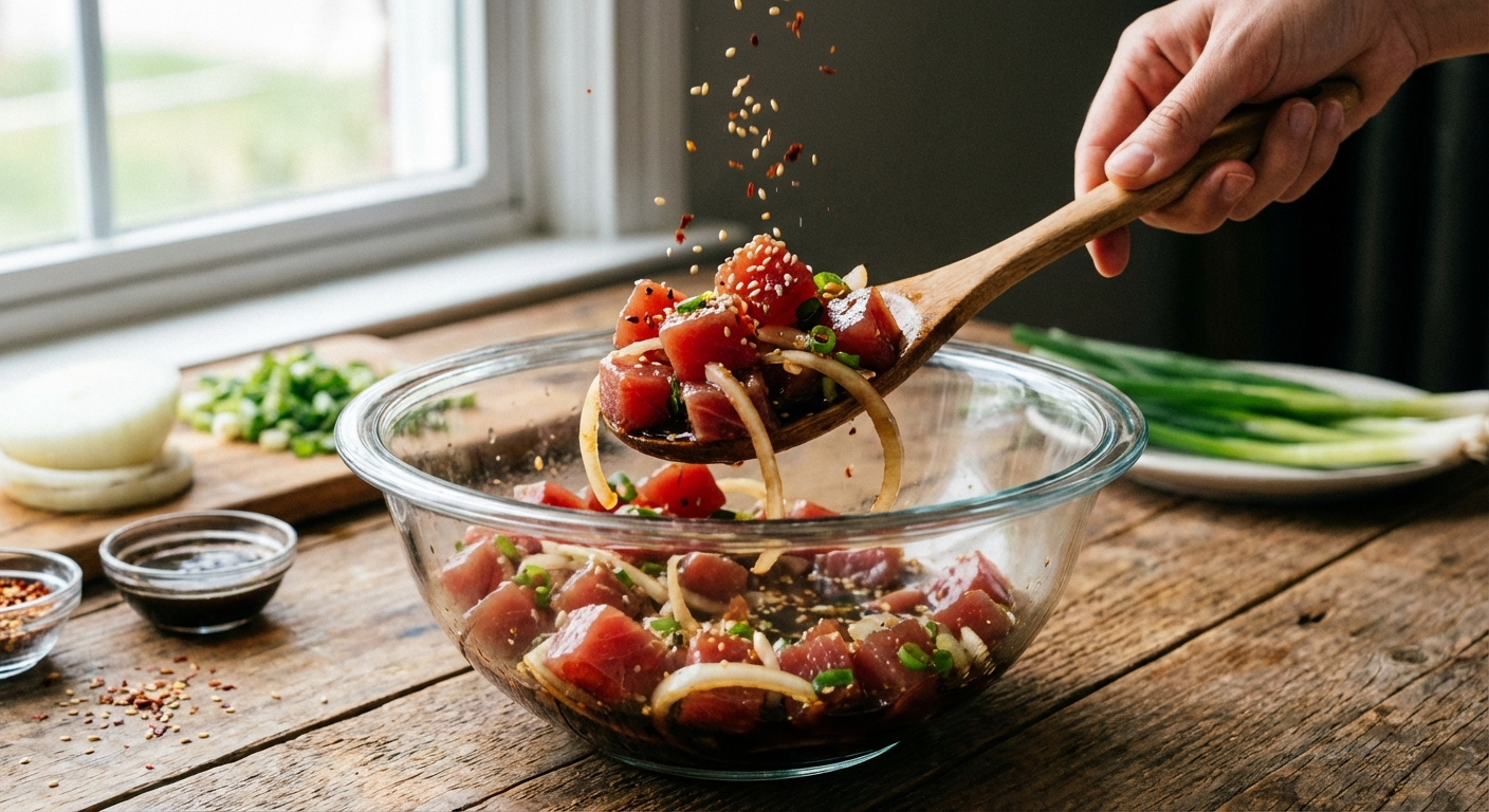 Cubed ruby-red ahi tuna being gently tossed with soy sauce and sliced sweet onion in a glass bowl