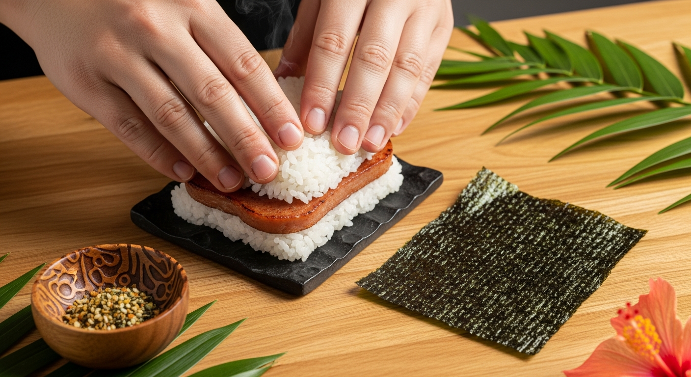 Assembling spam musubi with a musubi mold — pressing rice, placing caramelized spam, and wrapping with nori