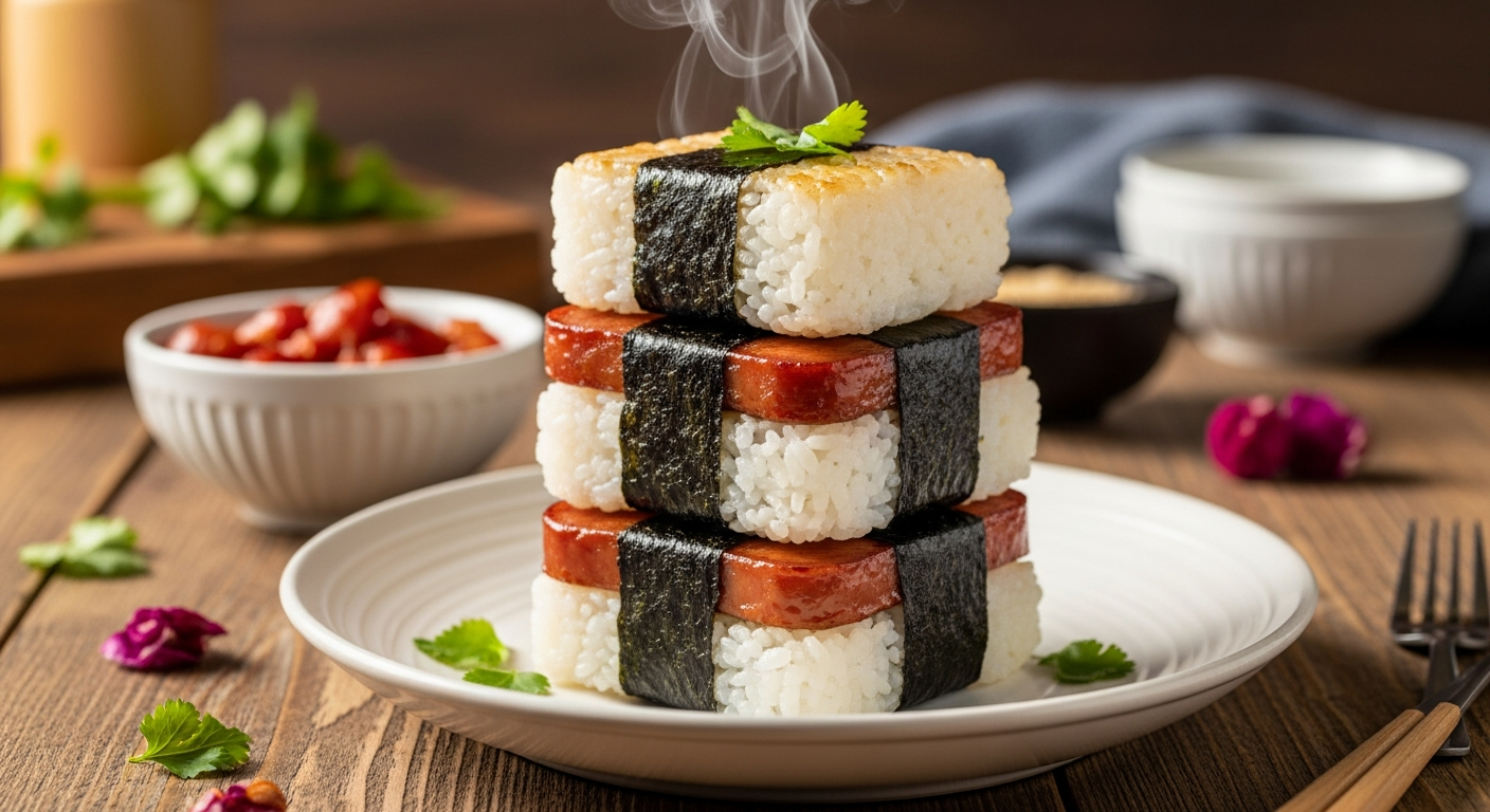 Finished spam musubi stacked on a serving board, showing the layers of sticky rice, caramelized glazed spam, and nori wrapper
