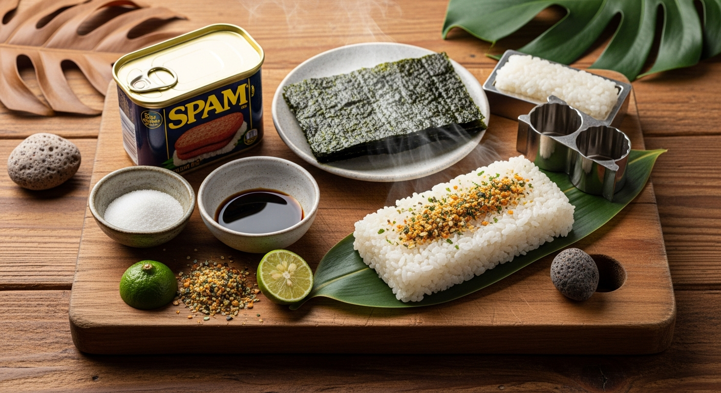 Spam musubi ingredients laid out — Spam, sushi rice, nori sheets, soy sauce, sugar, mirin, furikake, and a musubi mold