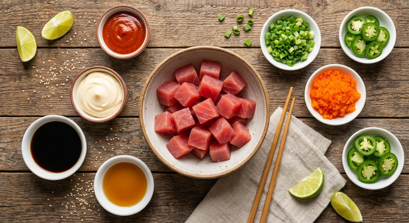 Overhead flat lay of spicy ahi poke ingredients including sushi-grade ahi tuna, sriracha, mayo, soy sauce, sesame oil, green onions, tobiko, and jalapeño in small bowls