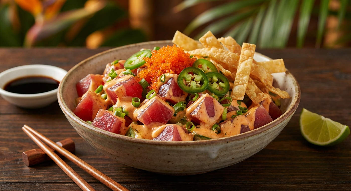 Spicy ahi poke bowl with ruby-red ahi cubes coated in creamy spicy mayo, topped with tobiko, sliced jalapeño, green onions, and crispy wonton strips