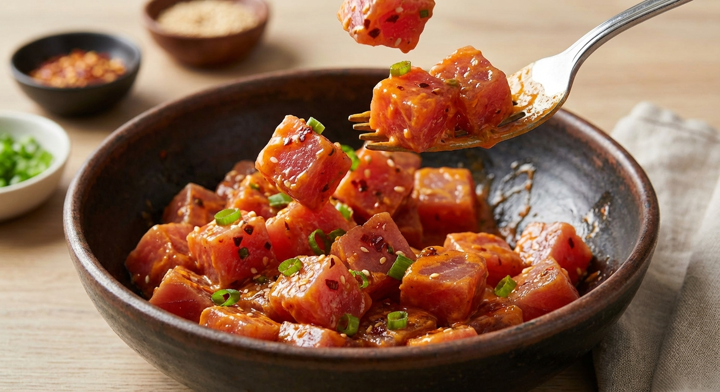Cubed ahi tuna being tossed with creamy spicy sriracha mayo sauce in a mixing bowl