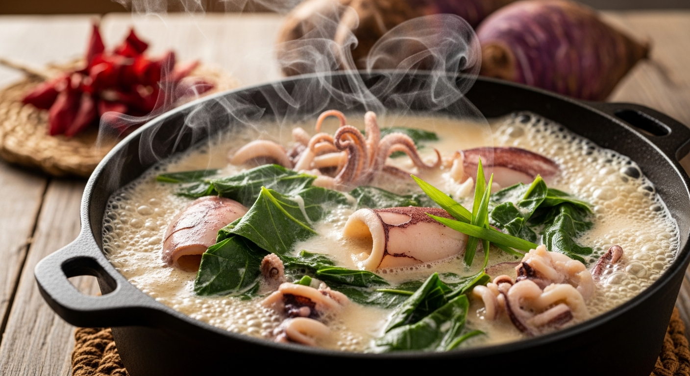 Squid luau simmering in a pot with taro leaves and creamy coconut milk, steam rising from the rich green and white mixture