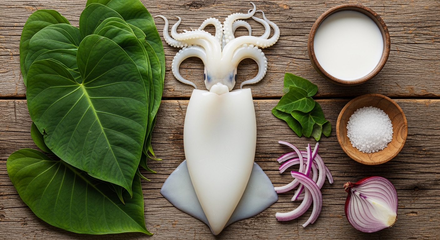 Flat lay of squid luau ingredients including fresh squid, taro leaves, coconut milk, and Hawaiian sea salt arranged on a rustic wooden surface