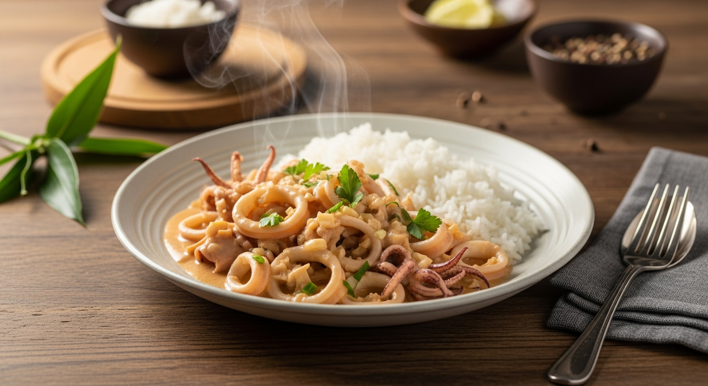 Finished squid luau served in a bowl with tender squid pieces in creamy coconut-taro leaf sauce alongside white rice