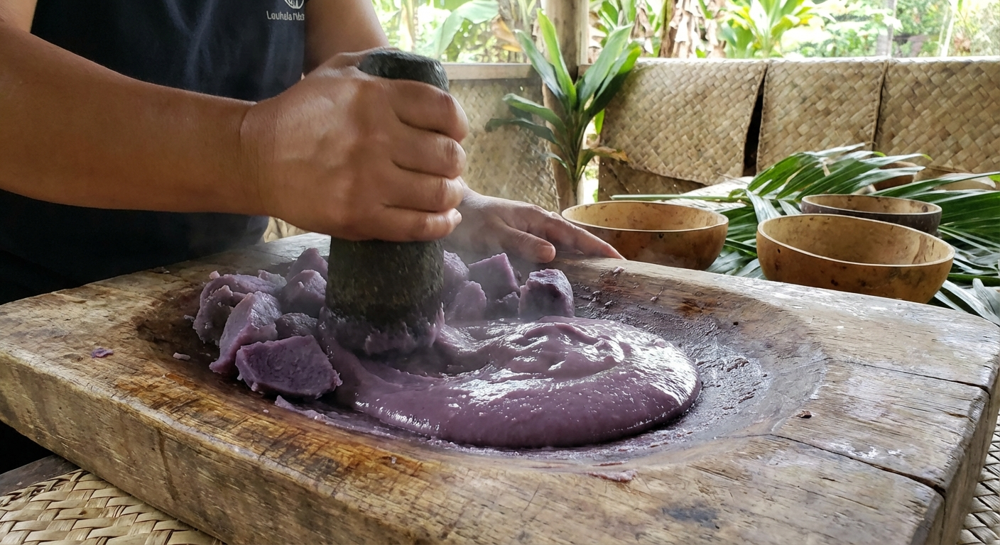 Cooked taro being mashed into poi, showing smooth purple paste being worked in traditional Hawaiian taro preparation