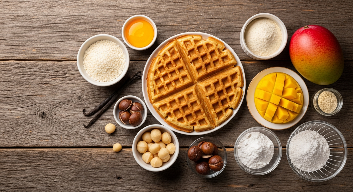 Flat lay of taro waffle ingredients including taro powder, buttermilk, eggs, flour, butter, vanilla, coconut cream, macadamia nuts, and fresh mango arranged on a wooden surface