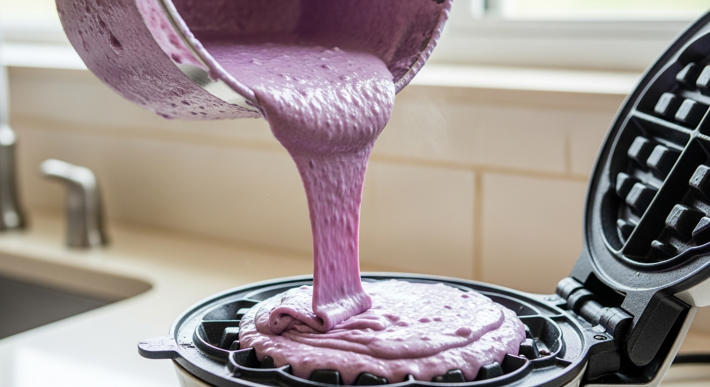 Purple taro waffle batter being poured into a hot waffle iron, showing the beautiful violet-purple color of the batter