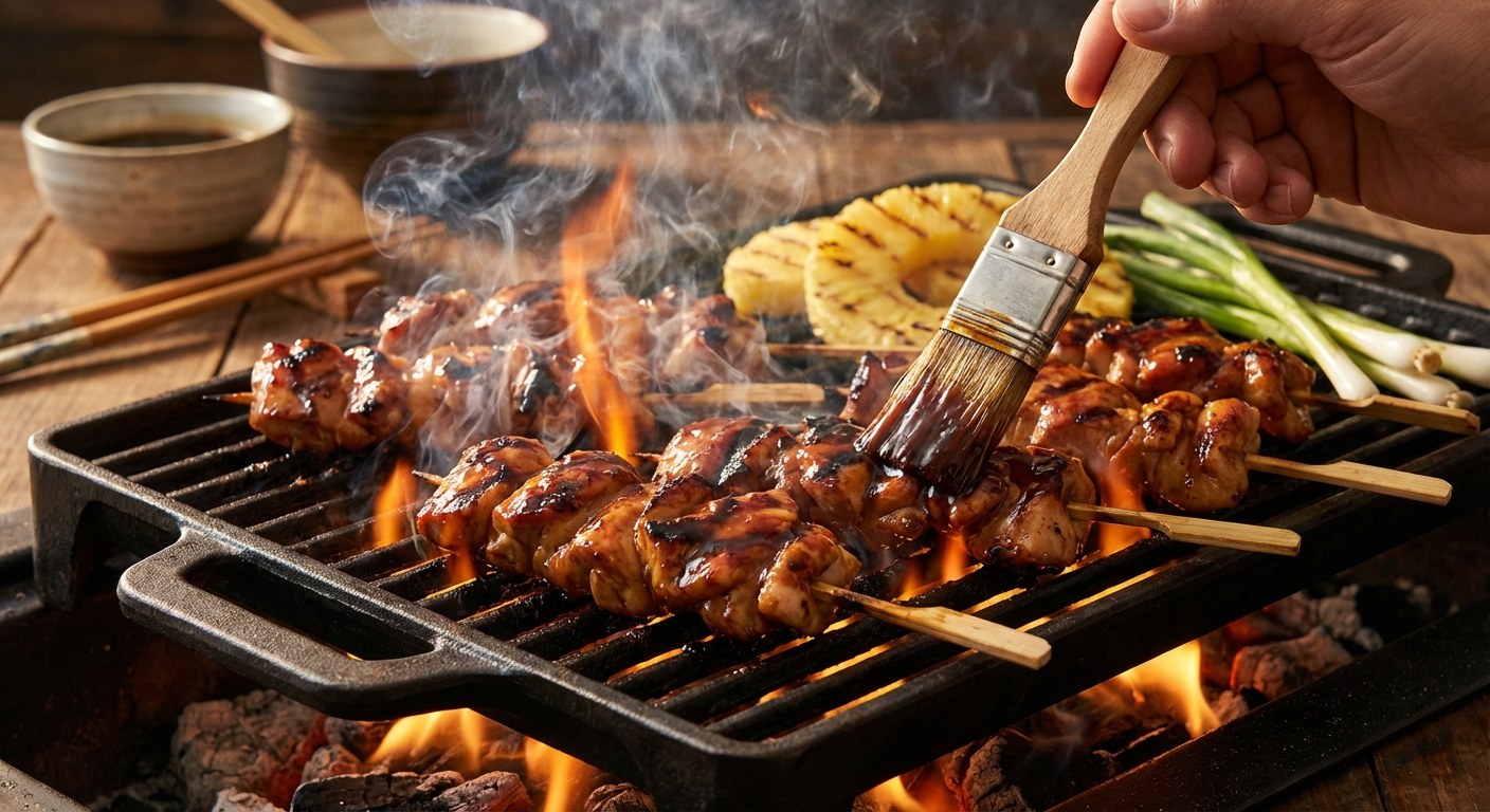 Teriyaki chicken being grilled with glossy teriyaki glaze being brushed on, caramelized char marks visible and steam rising from the grill