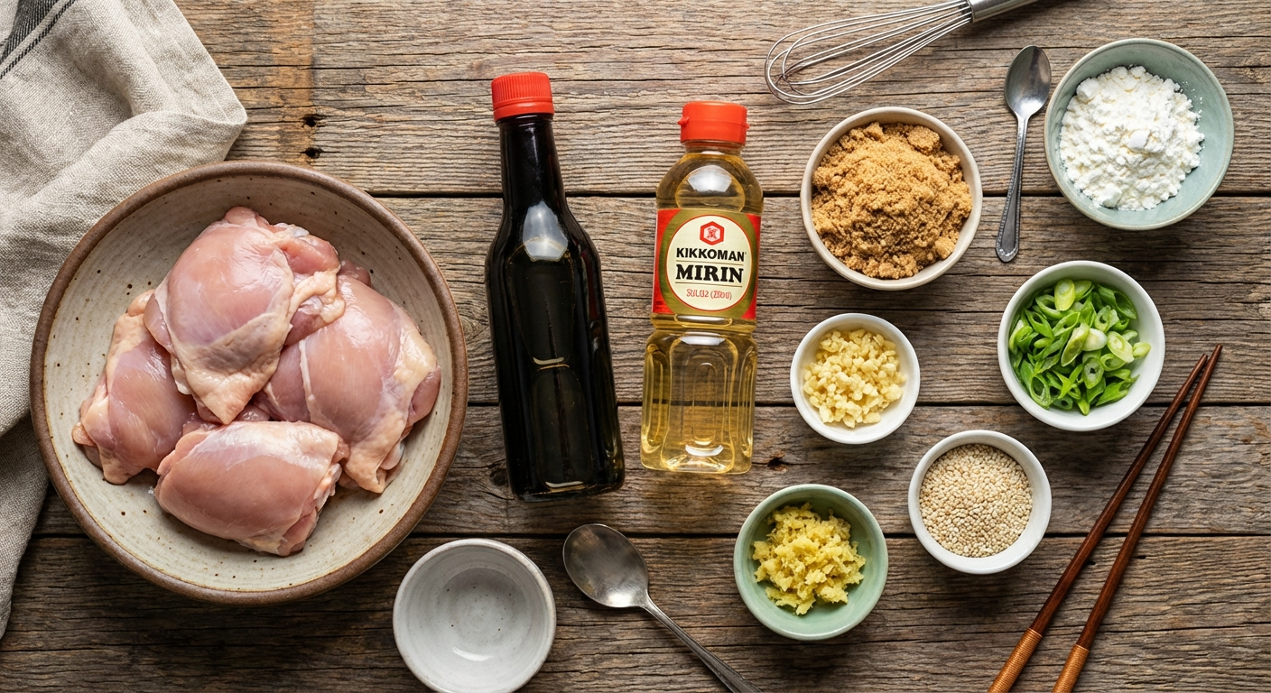 Overhead flat lay of teriyaki chicken ingredients - chicken thighs, soy sauce, mirin, brown sugar, garlic, ginger, cornstarch, sesame seeds, and green onions arranged in prep bowls on a wooden surface