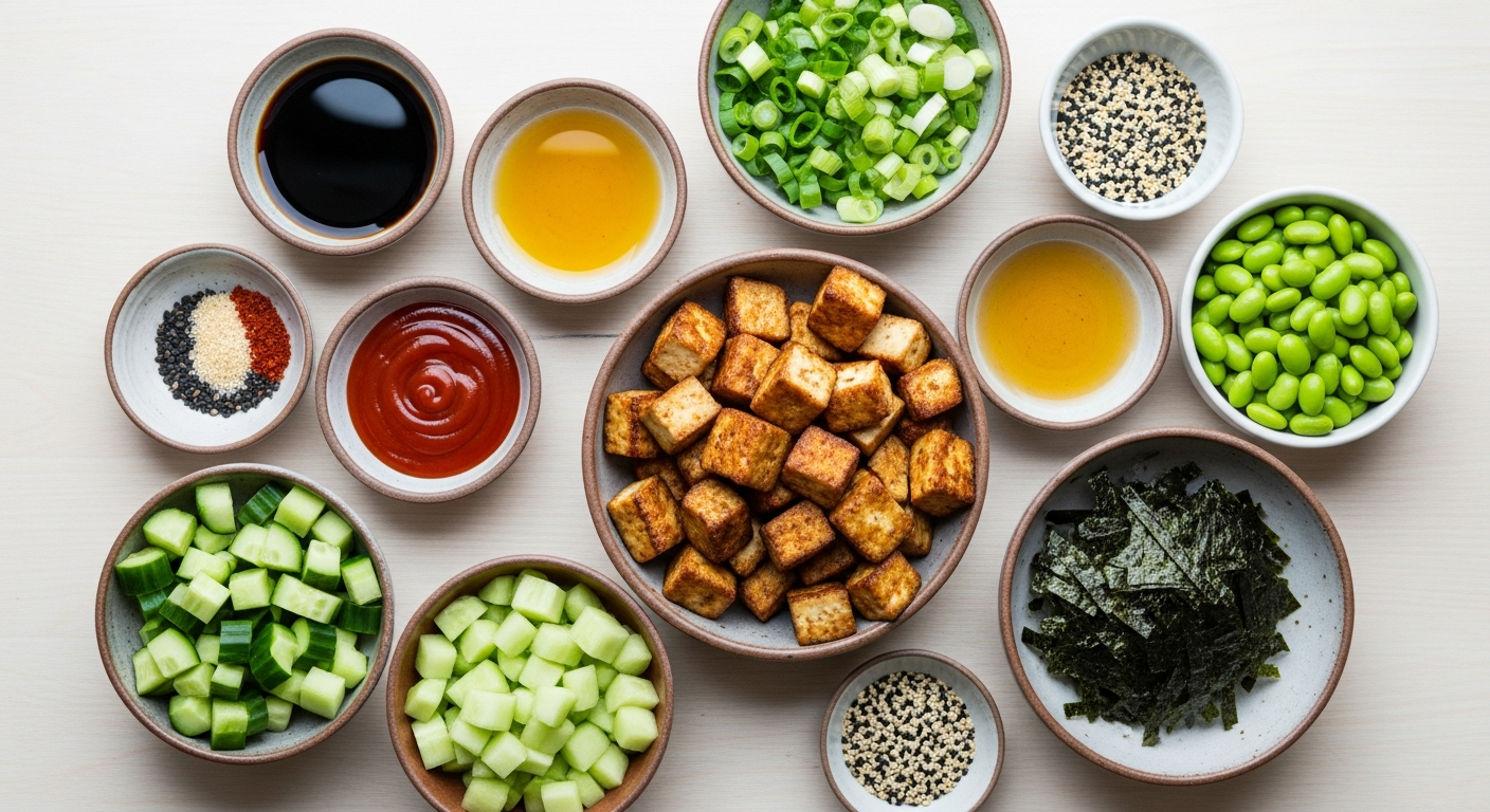 Flat lay of tofu poke bowl ingredients: extra-firm tofu, soy sauce, sesame oil, rice vinegar, sriracha, green onions, cucumber, edamame, avocado, nori, and sesame seeds arranged in small bowls