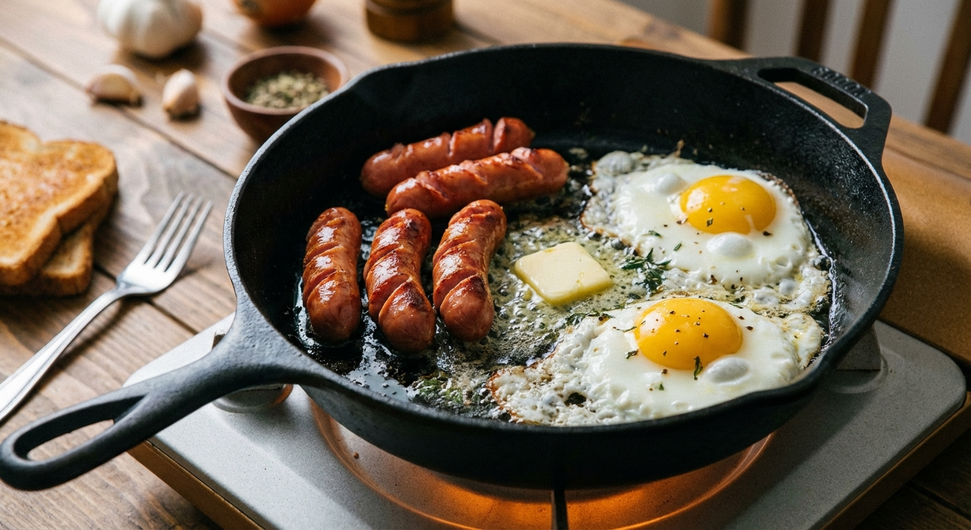Vienna sausages being pan-fried until golden brown and crispy in a skillet alongside frying eggs