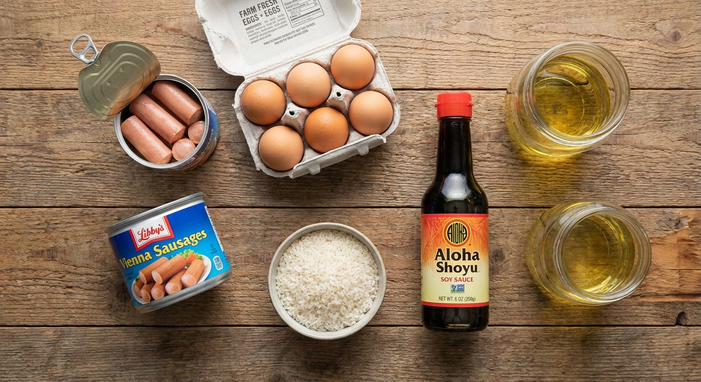 Overhead flat lay of Vienna sausage and eggs ingredients including canned Vienna sausages, eggs, white rice, soy sauce, green onions, and oil