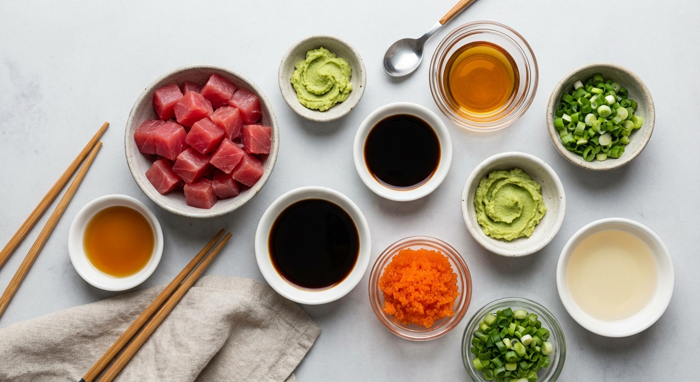 Wasabi poke ingredients in small bowls - sushi-grade ahi tuna, wasabi paste, soy sauce, sesame oil, tobiko, green onions, and rice vinegar