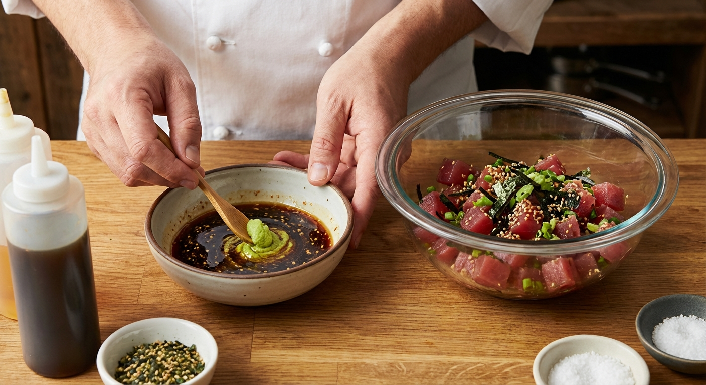 Vibrant green wasabi paste being mixed into soy-sesame sauce for wasabi poke dressing